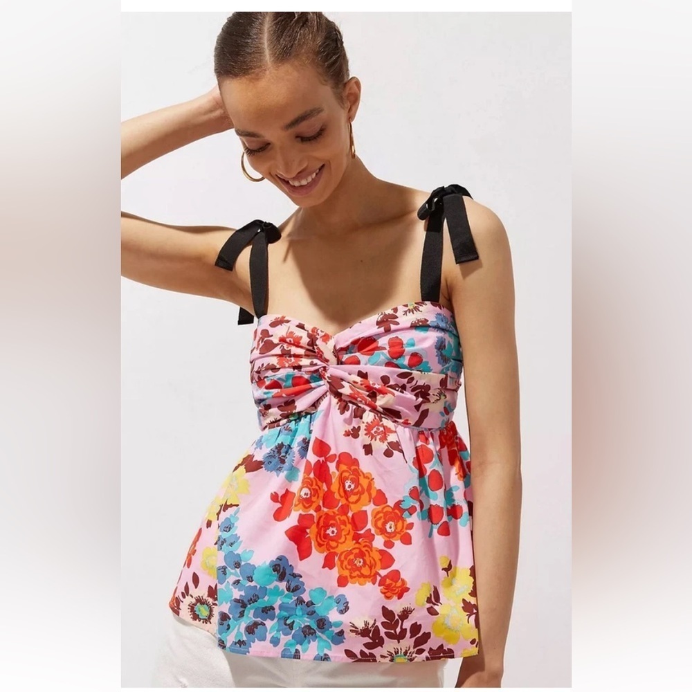 Peter Som Pink floral poplin babydoll ribbon strap cotton blouse sweetheart M